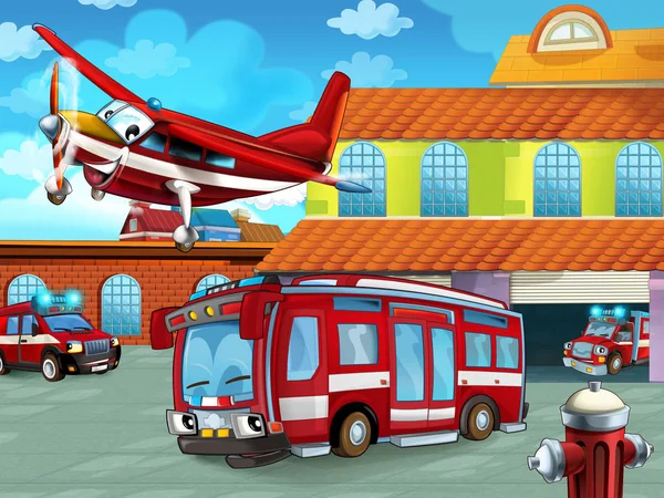 Cartoon scene with fireman vehicle on the road near the fire station - illustration for children — 스톡 사진