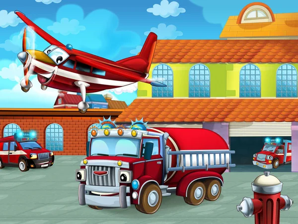 Cartoon scene with fireman vehicle on the road near the fire station - illustration for children — 스톡 사진