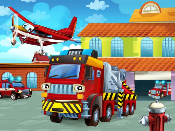 Cartoon scene with fireman vehicle on the road near the fire station - illustration for children — ストック写真