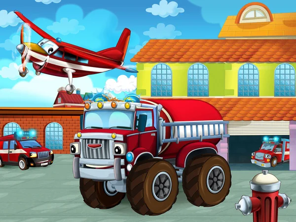 Scena dei cartoni animati con veicolo pompiere sulla strada vicino alla stazione dei pompieri - illustrazione per bambini — Foto Stock