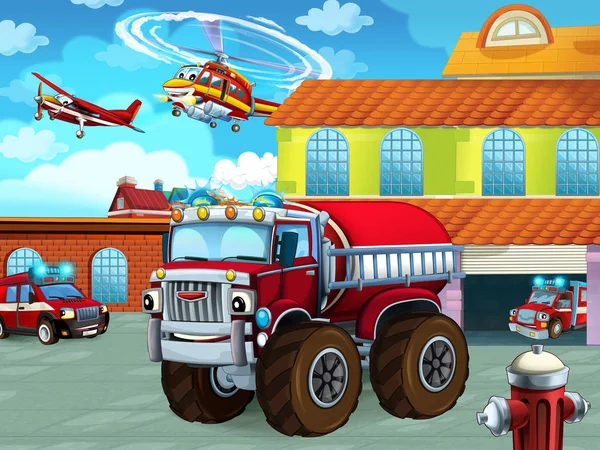 Kreslená scéna s hasičským vozidlem na silnici u hasičské stanice - ilustrace pro děti — Stock fotografie