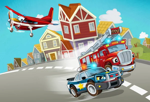 Escena de dibujos animados con vehículo bombero en la carretera con coche de policía - ilustración para los niños — Foto de Stock