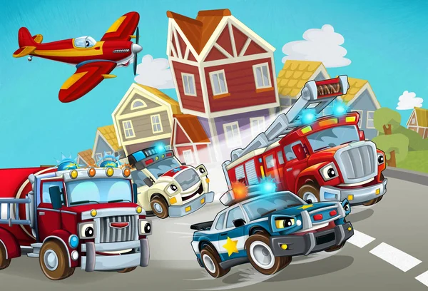 Cartoon scene with fireman vehicle on the road with police car and ambulance - illustration for children — 图库照片