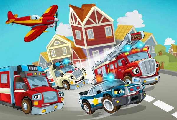 Cartoon scene with fireman vehicle on the road with police car and ambulance - illustration for children — ストック写真