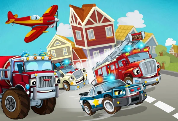 Cartoon scene with fireman vehicle on the road with police car and ambulance - illustration for children — ストック写真