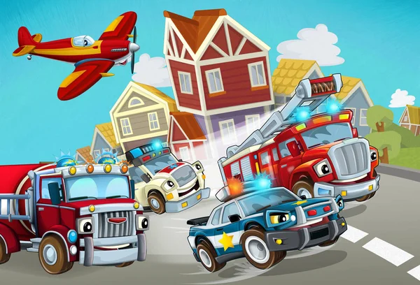 Мультфильм сцена с пожарным транспортным средством на дороге с полицейской машиной и скорой помощи - иллюстрация для детей — стоковое фото