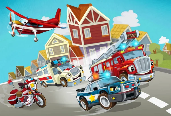 Cartoon scene with fireman vehicle on the road with police car and ambulance - illustration for children — 스톡 사진