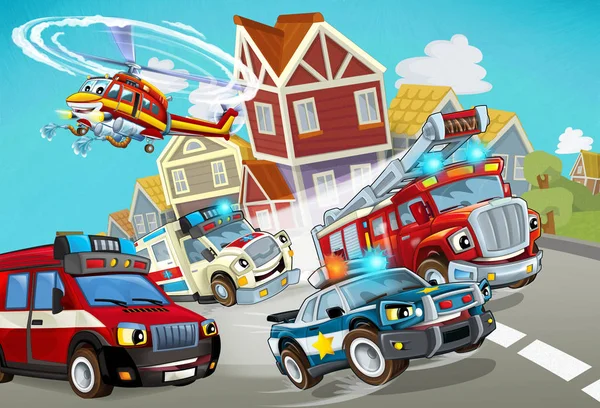 Cartoon scene with fireman vehicle on the road with police car and ambulance - illustration for children — 스톡 사진