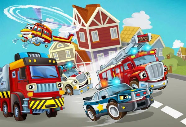 Cena dos desenhos animados com veículo bombeiro na estrada com carro de polícia e ambulância - ilustração para crianças — Fotografia de Stock