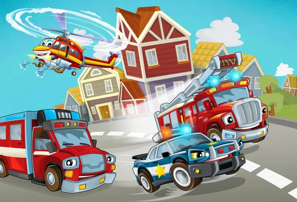 Escena de dibujos animados con vehículo bombero en la carretera con coche de policía - ilustración para los niños — Foto de Stock