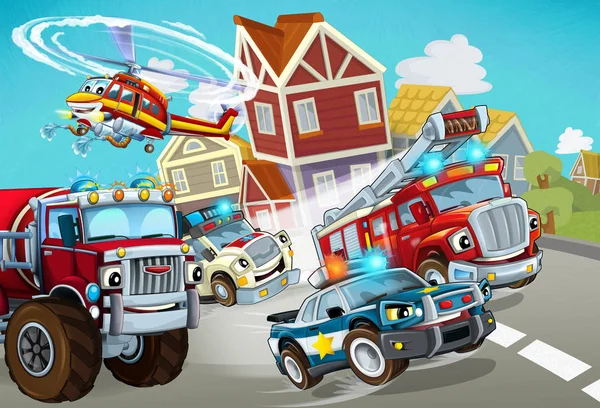 Cartoon scene with fireman vehicle on the road with police car and ambulance - illustration for children — 스톡 사진