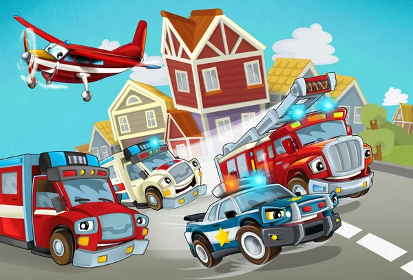 Cartoon scene with fireman vehicle on the road with police car and ambulance - illustration for children — 스톡 사진