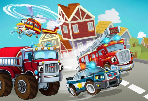 Мультфильм сцена с пожарным транспортным средством на дороге с полицейской машиной - иллюстрация для детей — стоковое фото