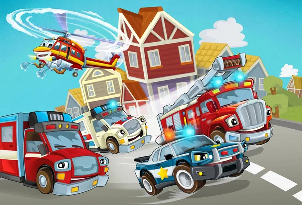 Kreslená scéna s hasičským vozidlem na silnici s policejním autem a ambulancí - ilustrace pro děti — Stock fotografie