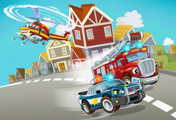 Scène de dessin animé avec véhicule de pompier sur la route avec voiture de police illustration pour les enfants — Photo