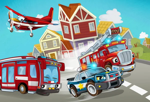 Zeichentrickszene mit Feuerwehrfahrzeug auf der Straße mit Polizeiauto - Illustration für Kinder — Stockfoto