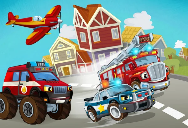 Cena dos desenhos animados com veículo bombeiro na estrada com carro da polícia - ilustração para crianças — Fotografia de Stock
