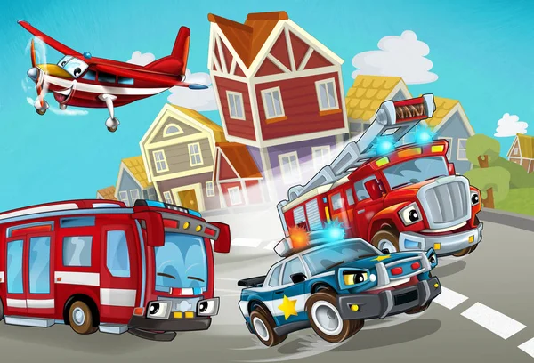 Kreslená scéna s hasičským vozidlem na silnici s policejním autem - ilustrace pro děti — Stock fotografie