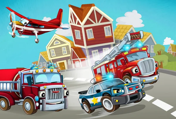 Cartoon scene met brandweerauto op de weg met politieauto - illustratie voor kinderen — Stockfoto