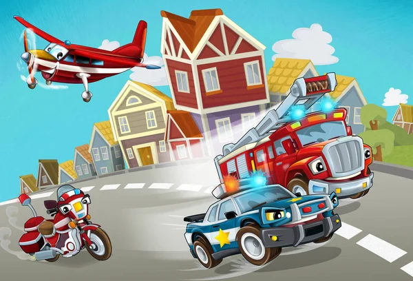 Мультяшна сцена з пожежною машиною на дорозі з поліцейським автомобілем ілюстрація для дітей — стокове фото