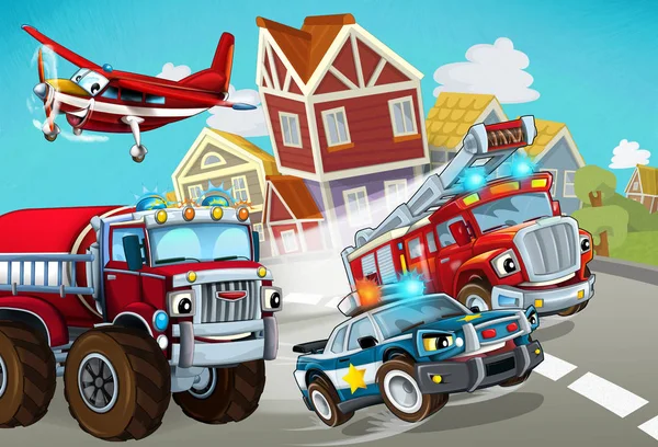 Cartoon scene with fireman vehicle on the road with police car - illustration for children — ストック写真
