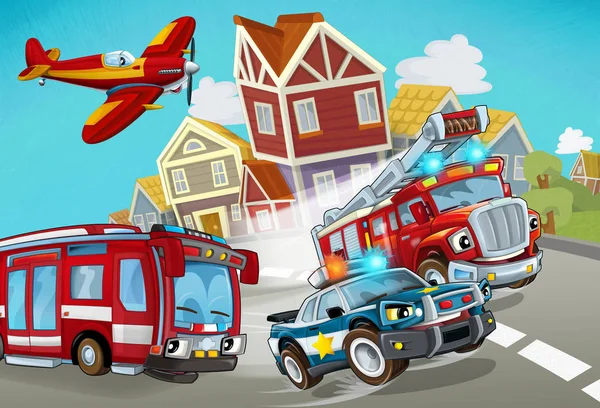 Escena de dibujos animados con vehículo bombero en la carretera con coche de policía - ilustración para los niños —  Fotos de Stock