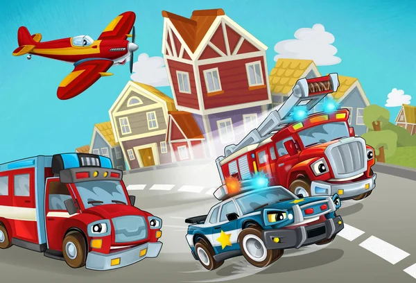 Tecknad scen med brandman fordon på vägen med polisbil - illustration för barn — Stockfoto