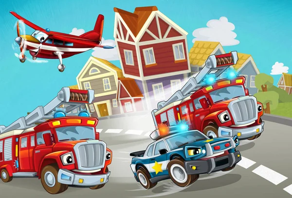 Scena z kreskówek z wozem strażackim na drodze z radiowozem - ilustracja dla dzieci — Zdjęcie stockowe