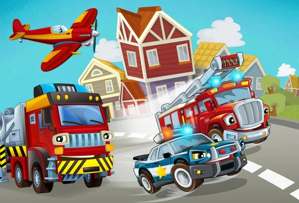 Σκηνή κινουμένων σχεδίων με πυροσβεστικό όχημα στο δρόμο με περιπολικό - εικονογράφηση για παιδιά — Φωτογραφία Αρχείου