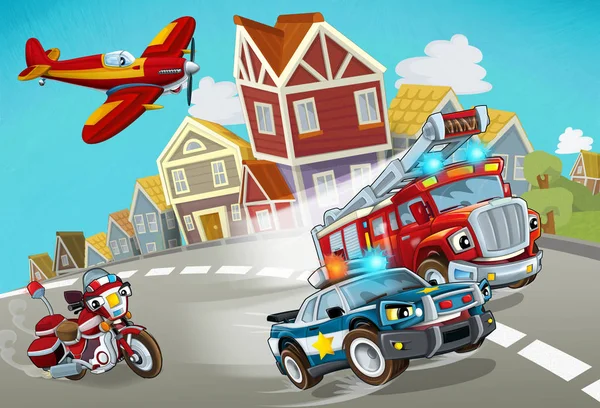 Scène de dessin animé avec véhicule de pompier sur la route avec voiture de police illustration pour les enfants — Photo