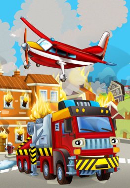 cartoon scene with fireman car vehicle near burning building - illustration for children clipart