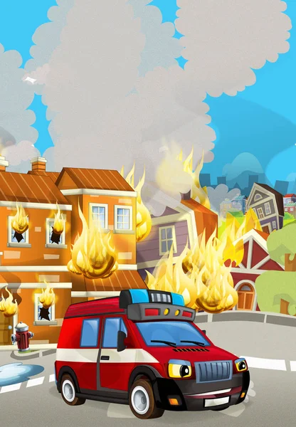 Σκηνή κινουμένων σχεδίων με πυροσβεστικό όχημα κοντά σε φλεγόμενο κτίριο - εικονογράφηση για παιδιά — Φωτογραφία Αρχείου