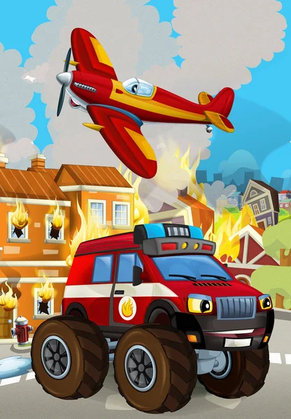 Tecknad scen med brandman bil fordon nära brinnande byggnad - illustration för barn — Stockfoto