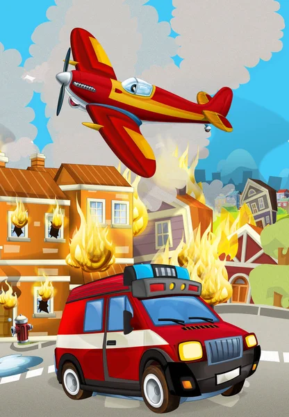 Cartoon-Szene mit Feuerwehrauto in der Nähe brennenden Gebäudes - Illustration für Kinder — Stockfoto