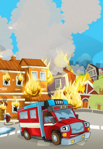 Cartoon-Szene mit Feuerwehrauto in der Nähe brennenden Gebäudes - Illustration für Kinder — Stockfoto