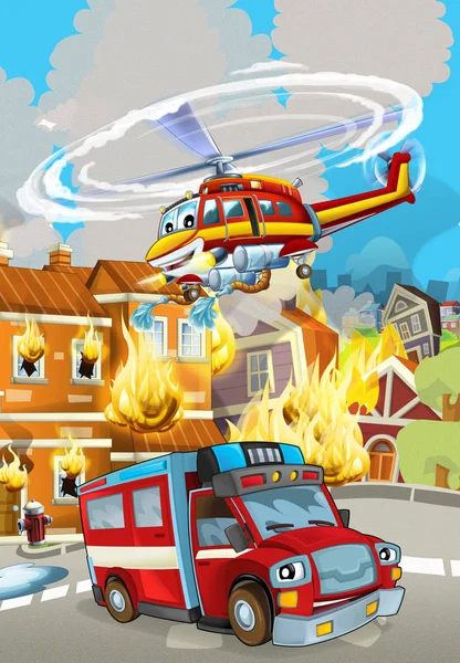Cartoon scene met brandweerman auto voertuig in de buurt van brandend gebouw - illustratie voor kinderen — Stockfoto