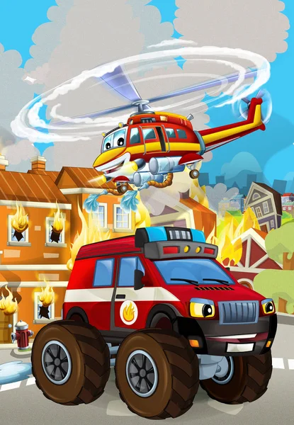 Cartoon-Szene mit Feuerwehrauto in der Nähe brennenden Gebäudes - Illustration für Kinder — Stockfoto