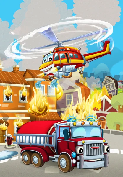 Cartoon scene met brandweerman auto voertuig in de buurt van brandend gebouw - illustratie voor kinderen — Stockfoto