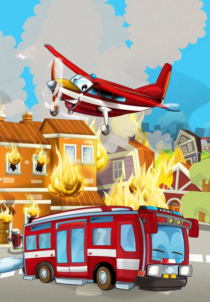 Σκηνή κινουμένων σχεδίων με πυροσβεστικό όχημα κοντά σε φλεγόμενο κτίριο - εικονογράφηση για παιδιά — Φωτογραφία Αρχείου