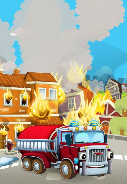 Scena del fumetto con veicolo del pompiere auto vicino edificio in fiamme - illustrazione per i bambini — Foto Stock