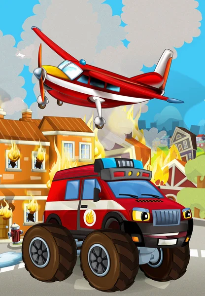 Cartoon-Szene mit Feuerwehrauto in der Nähe brennenden Gebäudes - Illustration für Kinder — Stockfoto