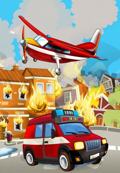 Cartoon-Szene mit Feuerwehrauto in der Nähe brennenden Gebäudes - Illustration für Kinder — Stockfoto