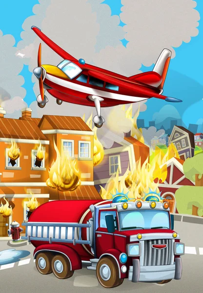 Cartoon-Szene mit Feuerwehrauto in der Nähe brennenden Gebäudes - Illustration für Kinder — Stockfoto