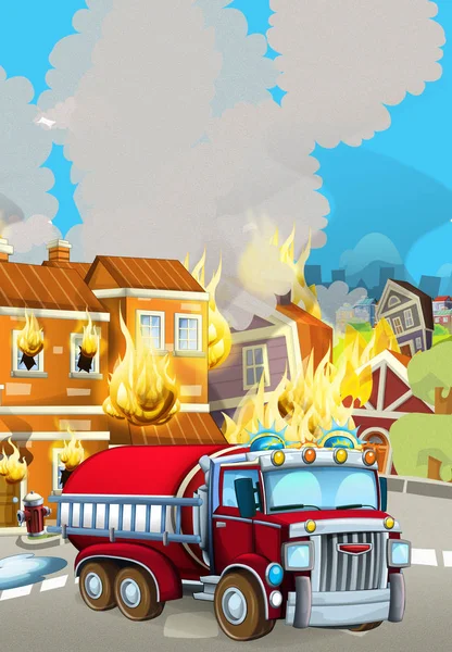 燃える建物の近くに消防車と漫画のシーン-子供のためのイラスト — ストック写真