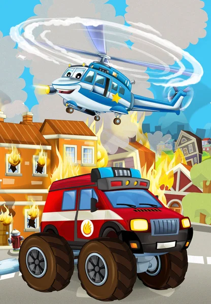 Cartoon-Szene mit Feuerwehrauto in der Nähe brennenden Gebäudes - Illustration für Kinder — Stockfoto