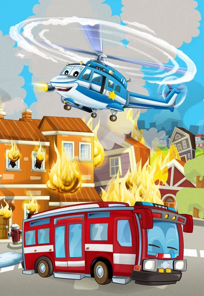 Cartoon scene with fireman car vehicle near burning building - illustration for children — Stock Photo, Image