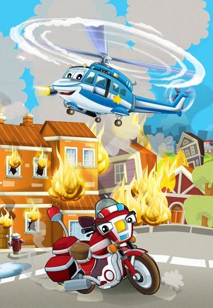 Cena dos desenhos animados com veículo de carro bombeiro perto de edifício em chamas - ilustração para crianças — Fotografia de Stock