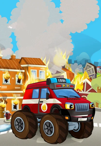 Tegnefilmscene med brannbil i nærheten av brennende bygning - illustrasjon for barn – stockfoto