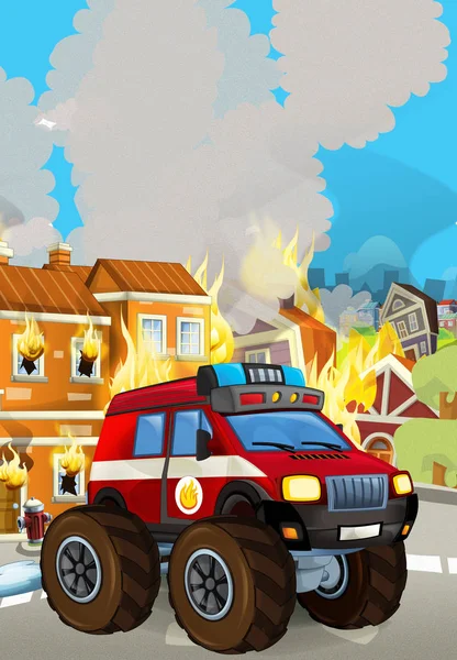 Cartoon-Szene mit Feuerwehrauto in der Nähe brennenden Gebäudes - Illustration für Kinder — Stockfoto