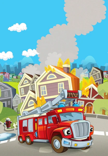 Kreslená scéna s hasičským vozem poblíž hořící budovy - ilustrace pro děti — Stock fotografie